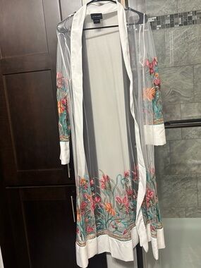Embroidered Floral Sheer kimono- Pink, Orange & Teal